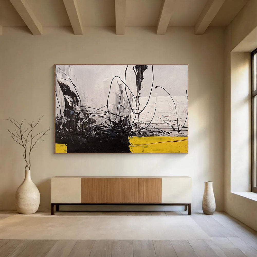 Black White Yellow Abstract Painting THY008
