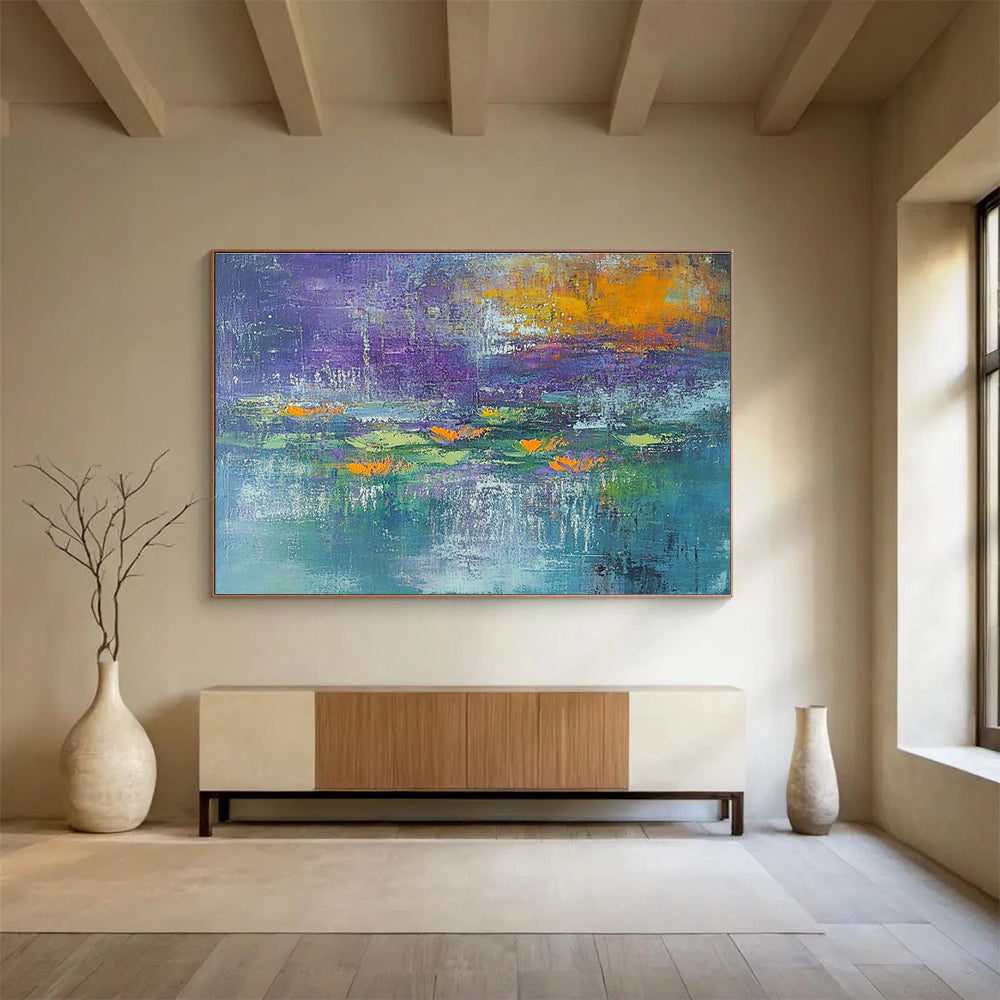 A large abstract painting featuring textured strokes in teal and purple with hints of orange and yellow, depicting serene water lilies at dawn.SC433