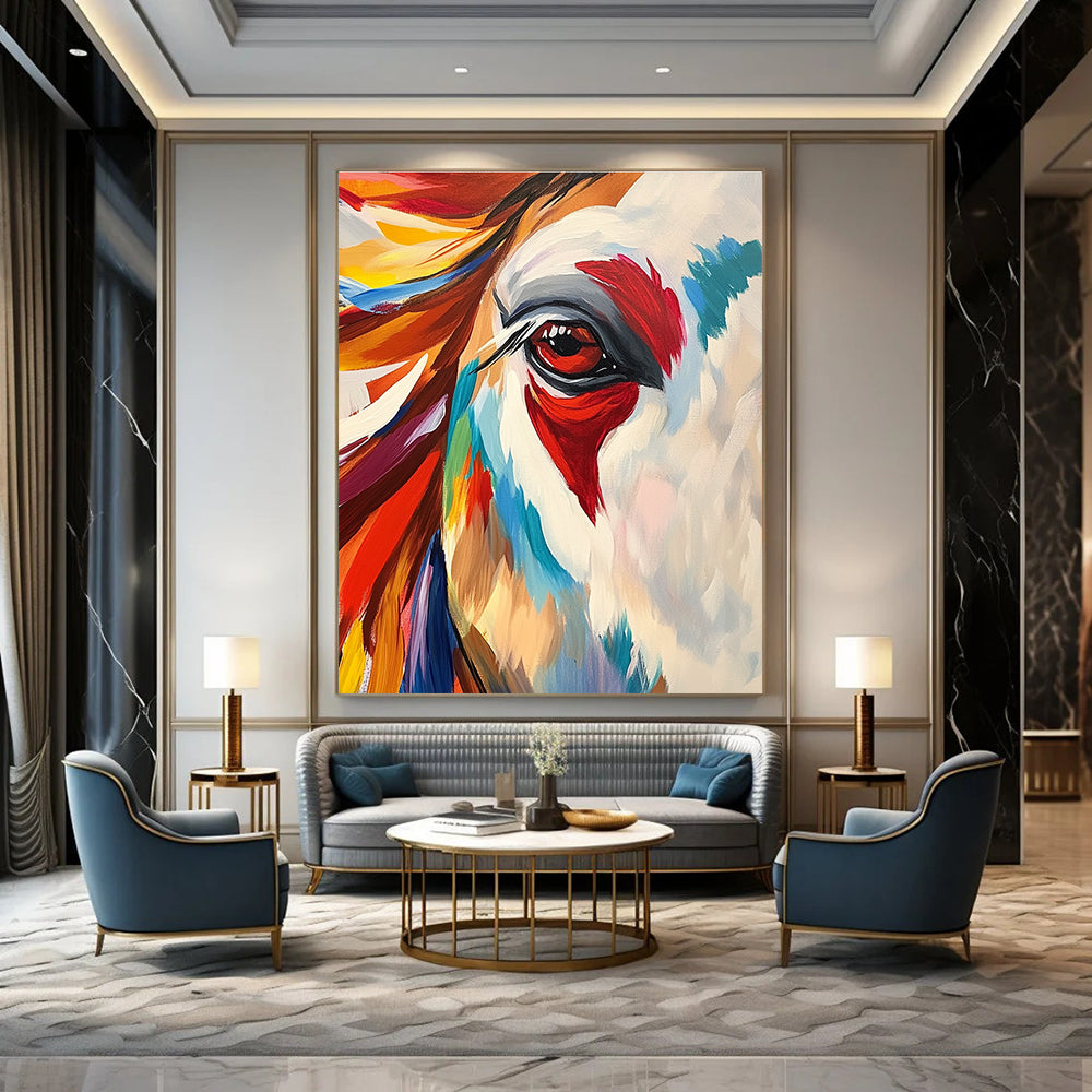 Large abstract painting featuring an Indian horse with vibrant colors bold brushstrokes and dynamic patterns showcasing strength elegance and intricate fur textures.STSC846