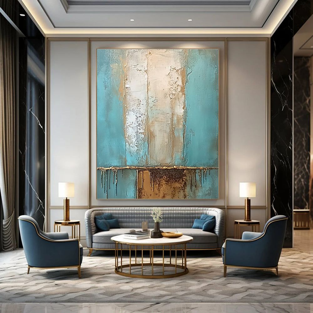 Large abstract oil painting with muted teal and beige hues accented by gold featuring a textured surface and a rusted metal element.STSC602