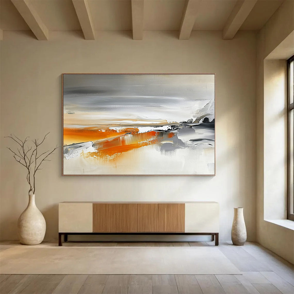 Gray and Orange Abstract Landscape Painting with Flowing Textures DYP316