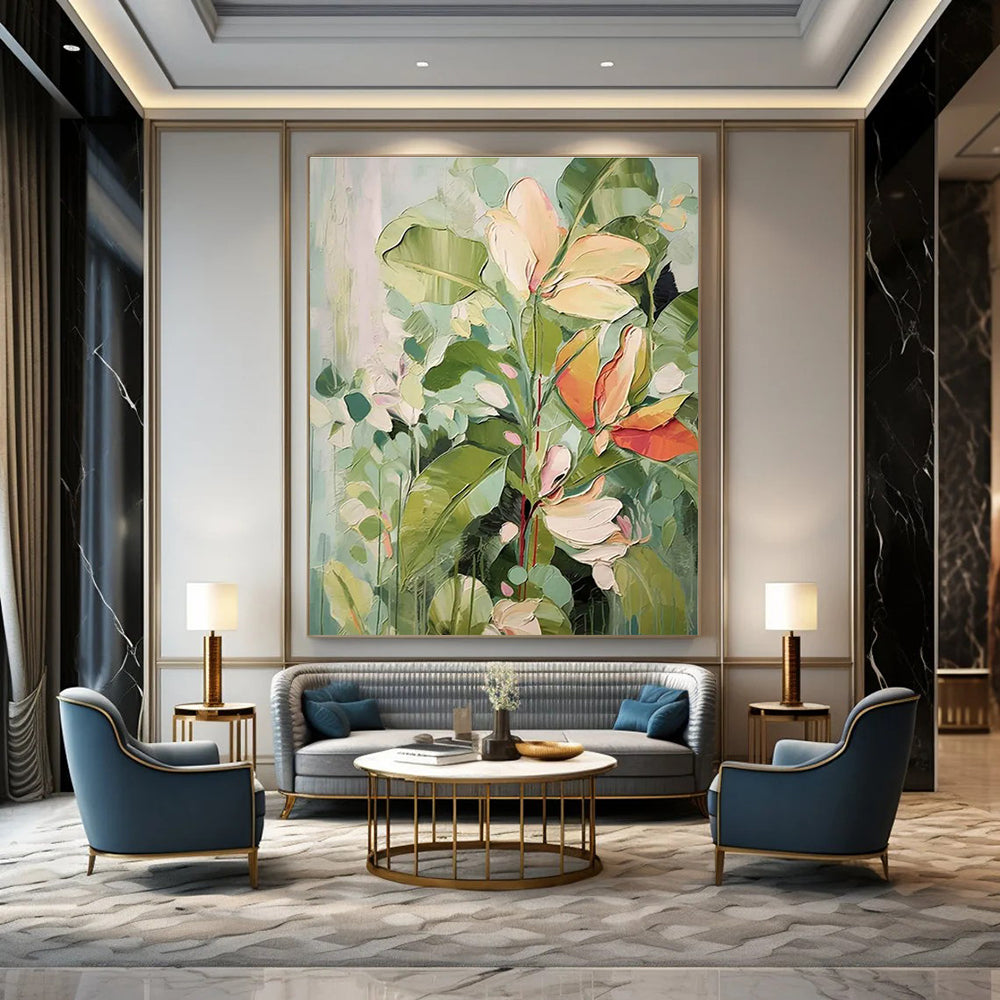 Green and Beige Tropical Flowers Abstract Painting ADGE083