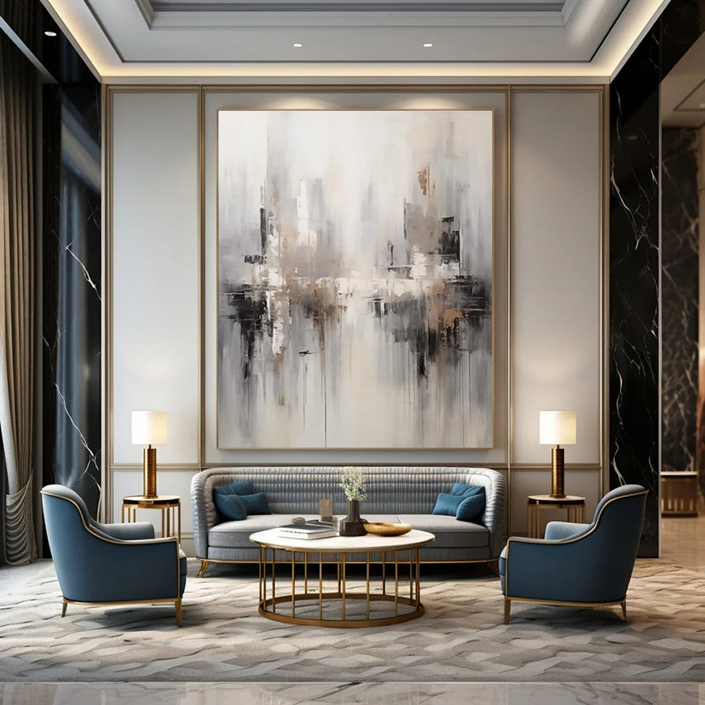 Monochromatic Cityscape Abstract Painting with Gray and Beige ADGE122