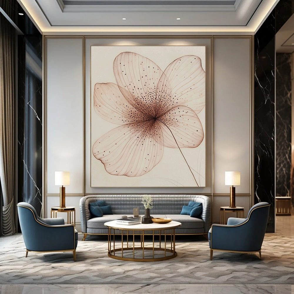 A large abstract painting featuring a single delicate petal in pink and brown with intricate internal structures and a hand-drawn sketch effect.STSC1197