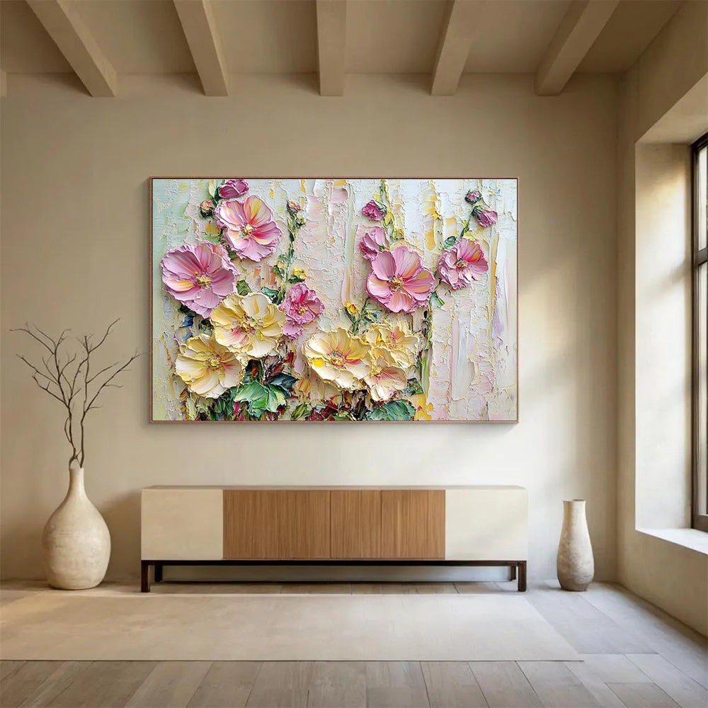 Textured Floral Abstract Painting with Pink and Yellow Hues DYP600