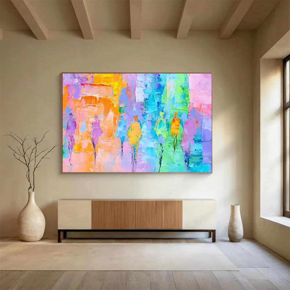 Large abstract painting of a parade featuring pastel colors and expressive brushstrokes in light blue pink green yellow and orangeSC177