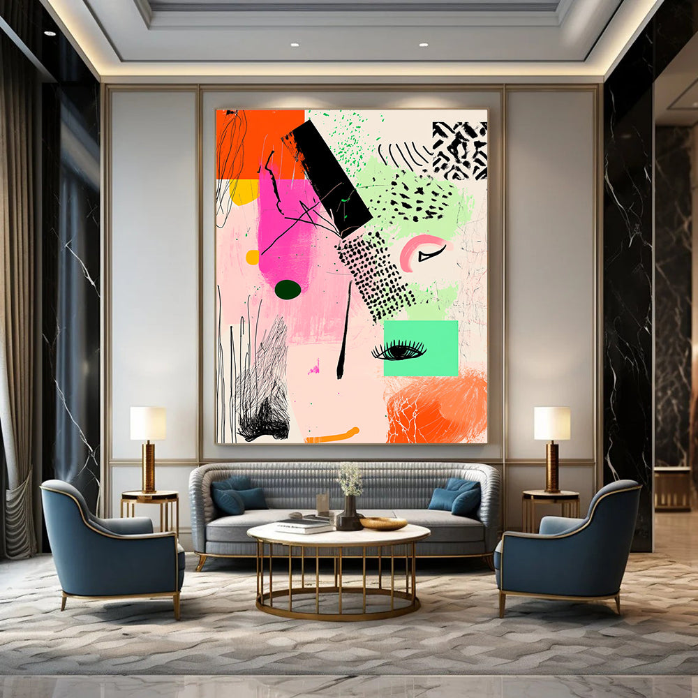 Large abstract artwork featuring pink and green shapes with geometric line art and black ink illustrations on a warm light orange background.STSC982
