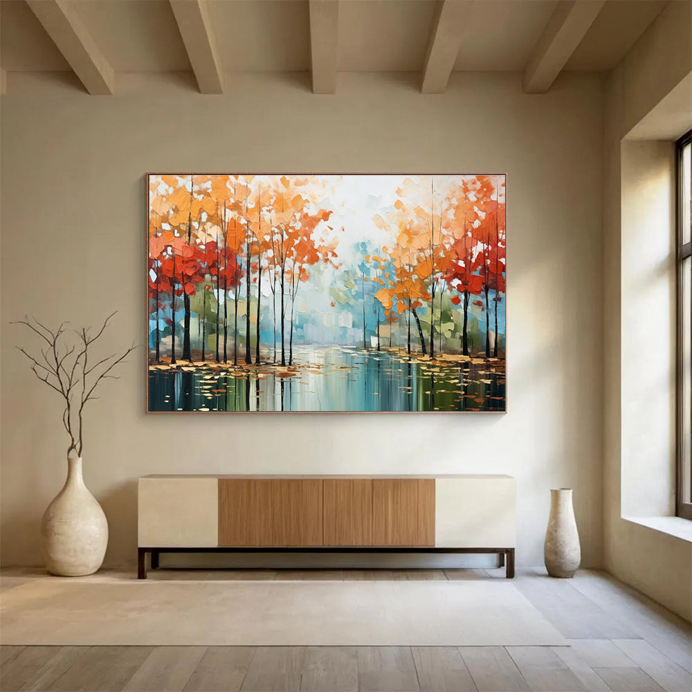 Autumn River Abstract Painting with Red, Orange, and Blue Tones THY164