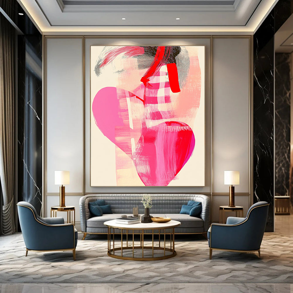 A large abstract painting featuring a pink heart and checkered pattern with organic chest shapes in soft pastels and red line art.STSC858