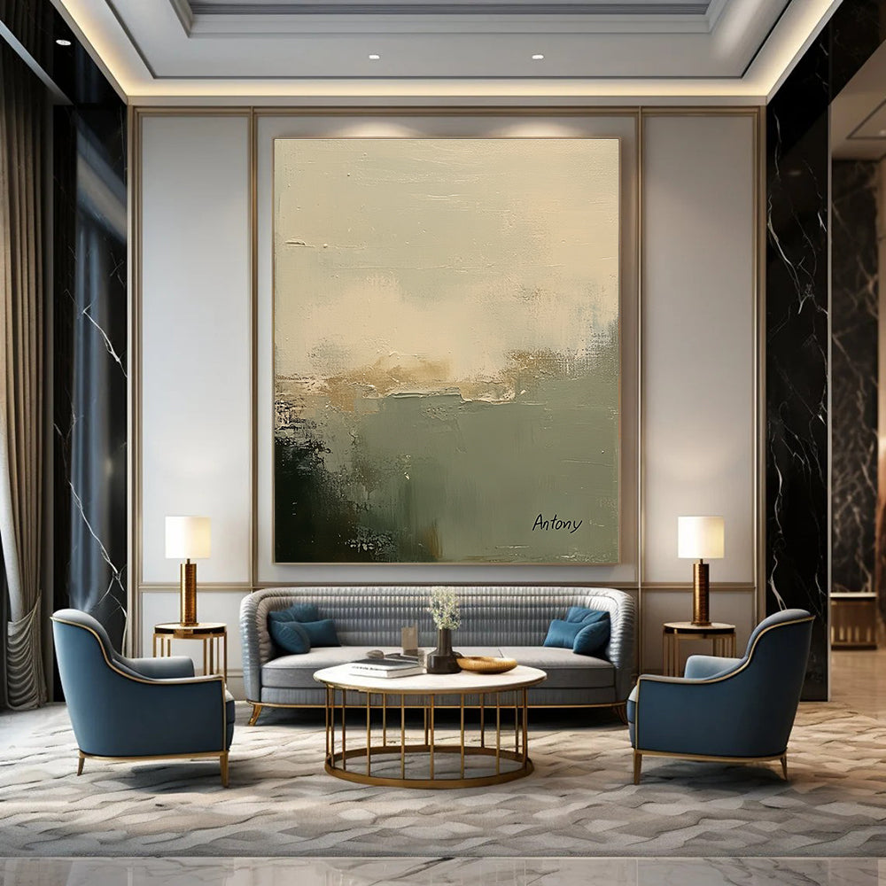Large abstract painting featuring soft muted white and sage green tones with a textured background and calming minimalistic brush strokes signed by Antony.STSC799