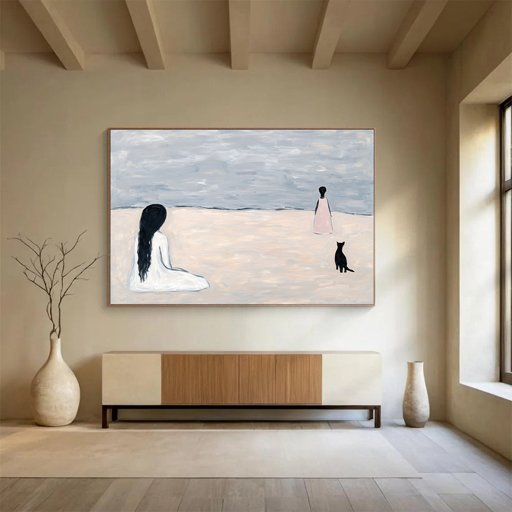 An abstract painting featuring light grey sand dunes and ocean waves with figures and a black cat walking away, evoking serene beach vibes.SC468
