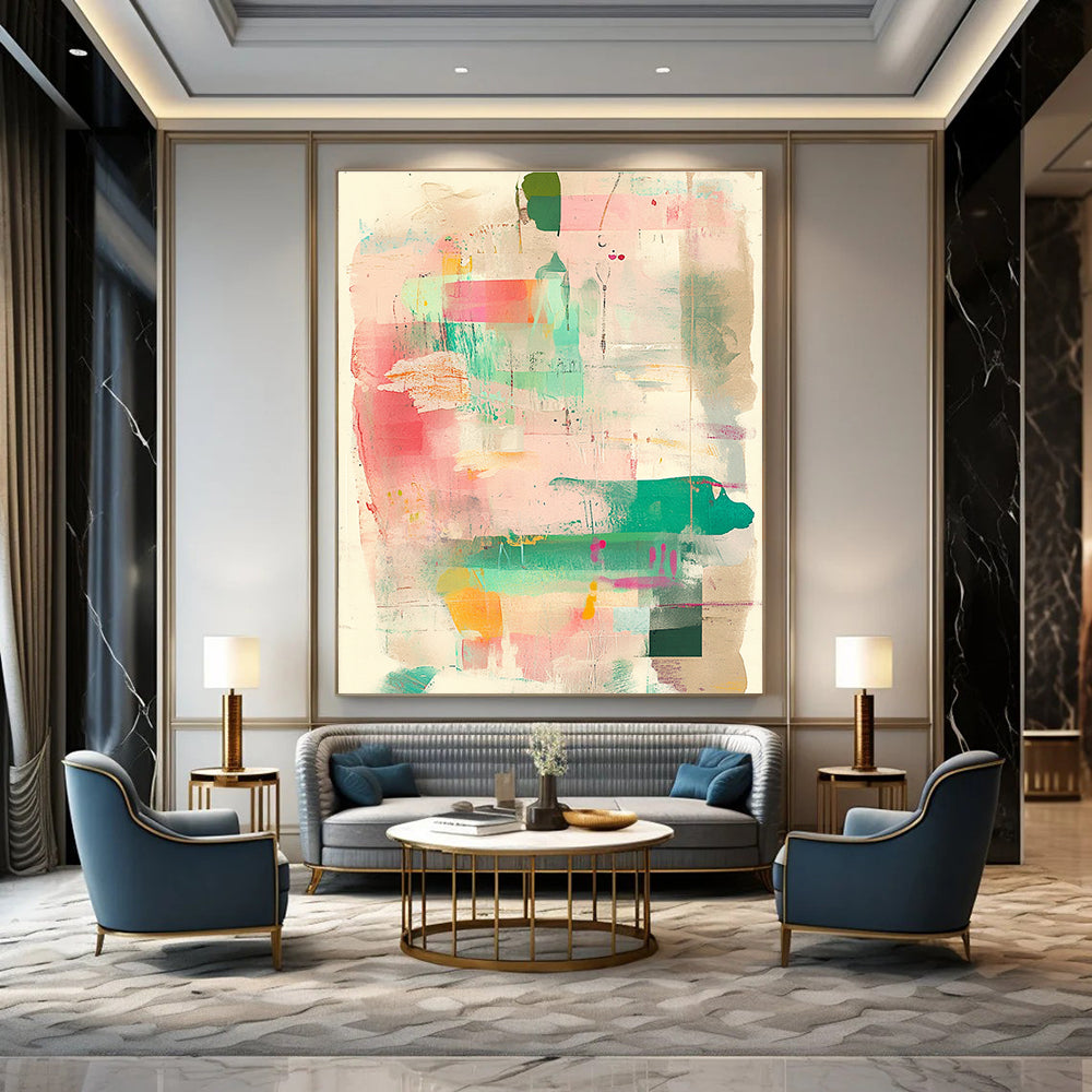 Large abstract artwork featuring muted pastel pink and green tones with mixed media collage elements and vintage paper texture for added depth.STSC1360