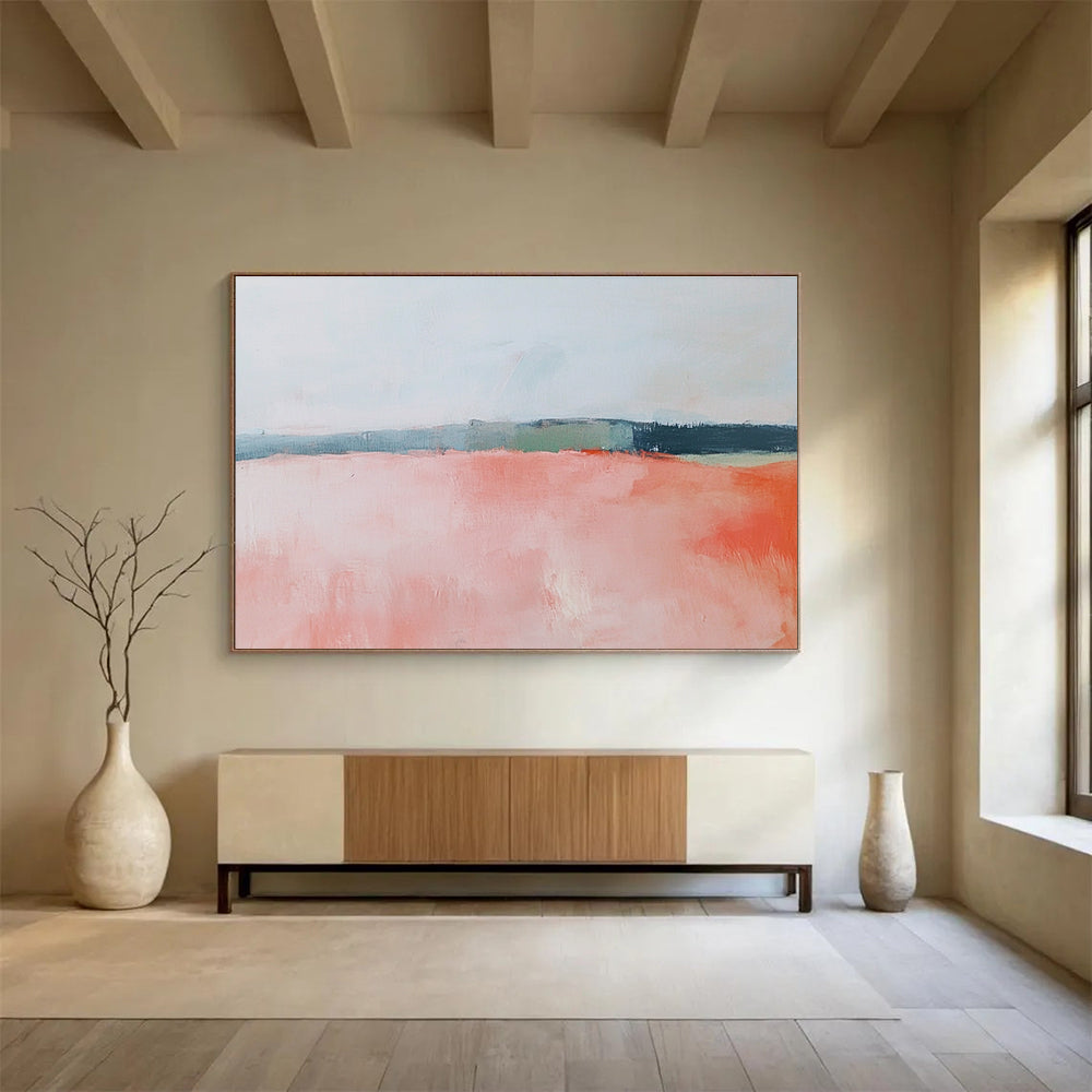 Large abstract painting featuring soft pink and coral fields, a muted sky, and gentle blue, green, and gray brushstrokes.SC055