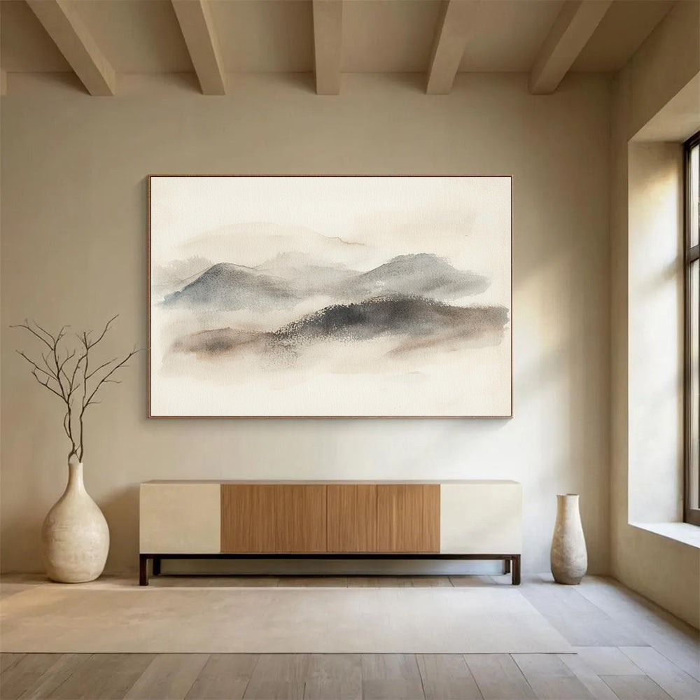 Large abstract watercolor painting of misty hills in muted gray and beige tones with organic brush strokes and textured background on light-colored paper.SC549