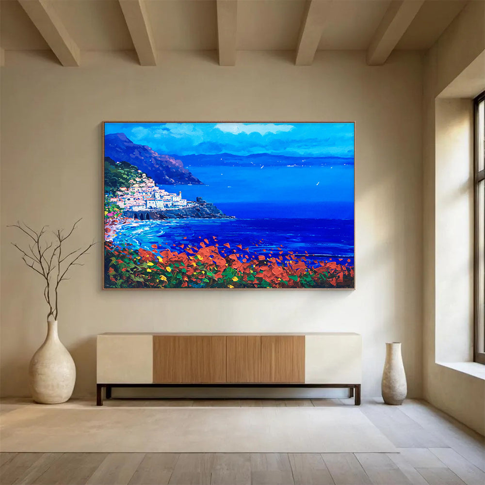 Cliffside Village at Night Abstract Painting THY434