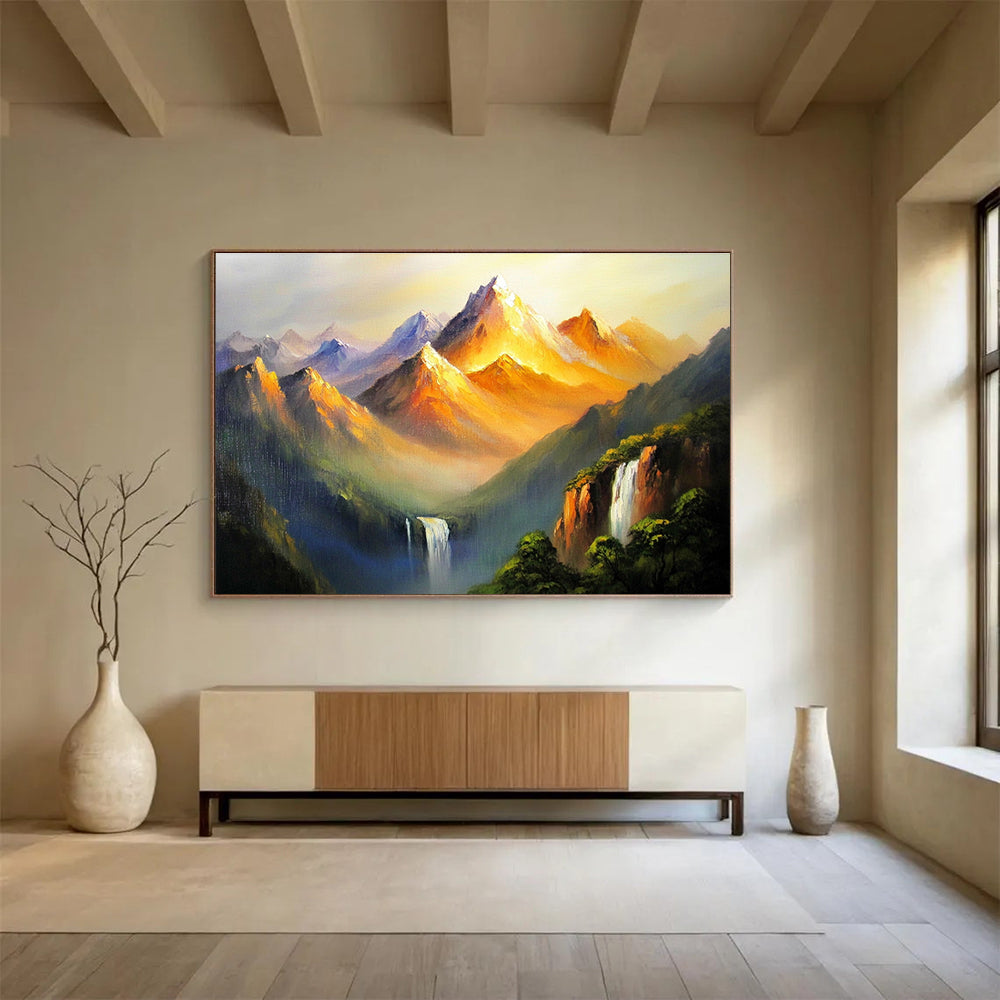 Golden Mountain Peaks Abstract Painting with Orange and Purple Tones DYP576