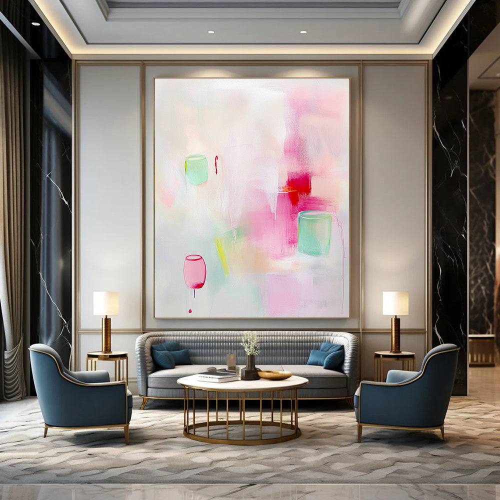 Abstract painting featuring soft pastel colors and elegant light pink and white shades with delicate brush strokes and minimalist design.STSC1311