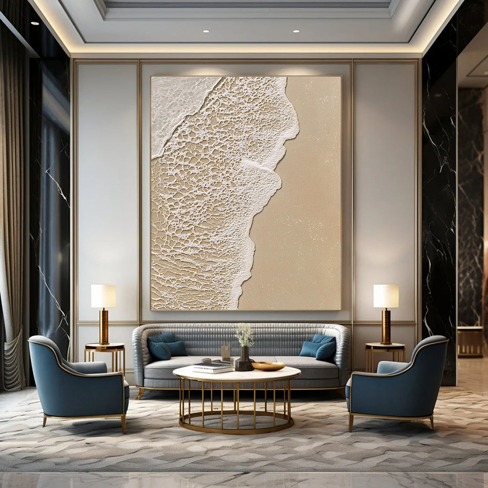 Abstract painting of a serene beach scene highlighting intricate textures of sand and water in soothing beige and white tones.STSC953