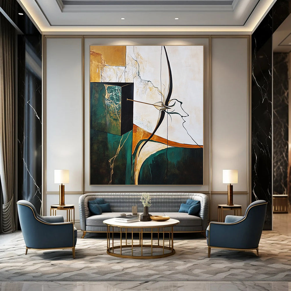 A large abstract painting featuring an archer's bow and arrow with surreal elements in earthy tones and soft pastels, emphasizing depth and texture.STSC637