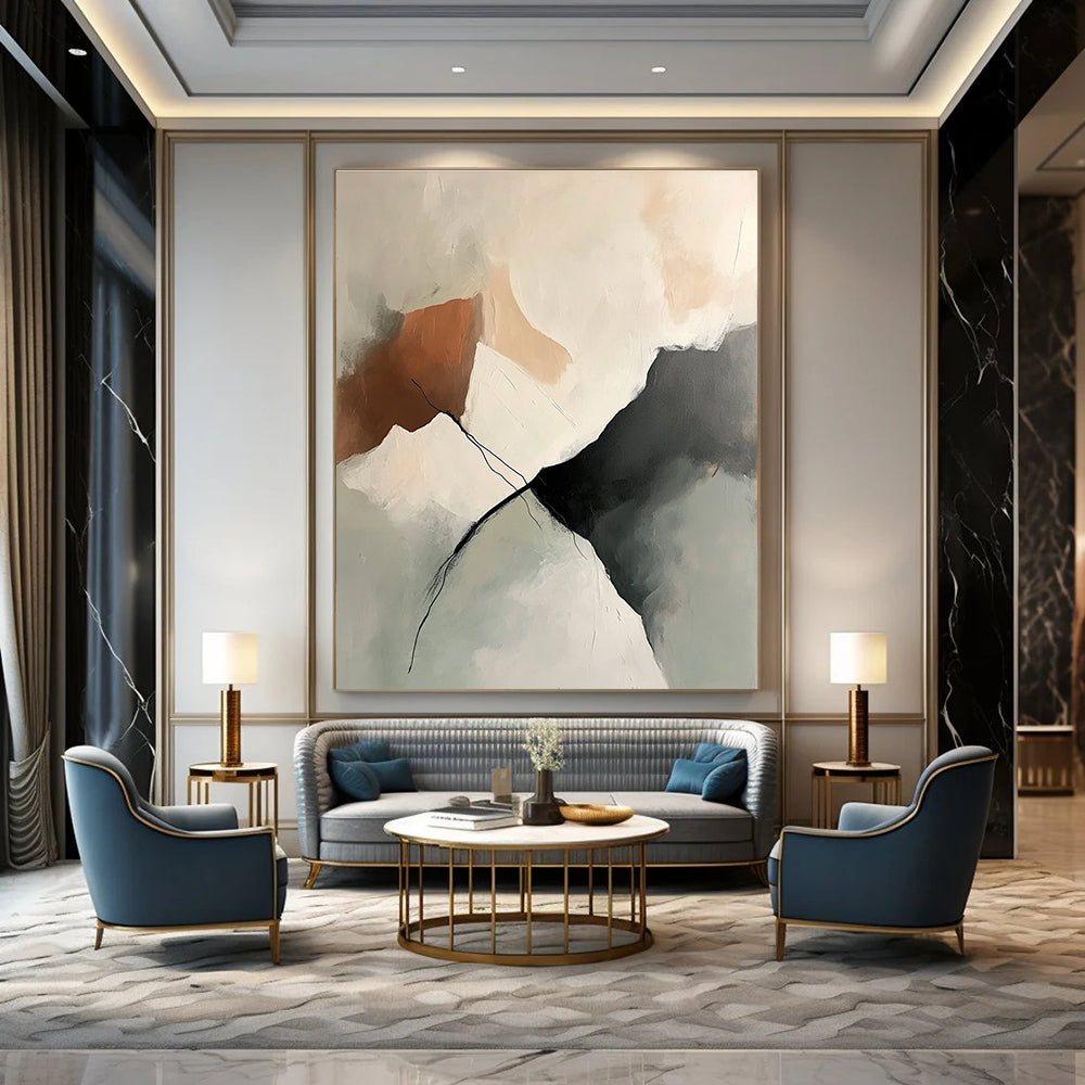 Large abstract painting featuring soft neutral tones and textured brush strokes with an isolated mountain range in shades of beige gray and peach.STSC800
