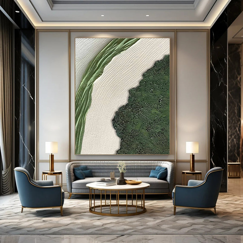 Green and White Textured Abstract Painting with Natural Shapes ADGE316