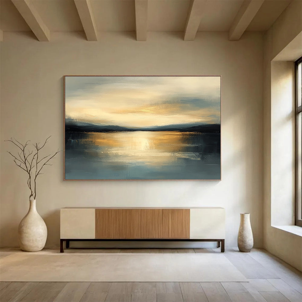 Serene Sunset Landscape Abstract Painting with Golden and Blue Hues DYP224