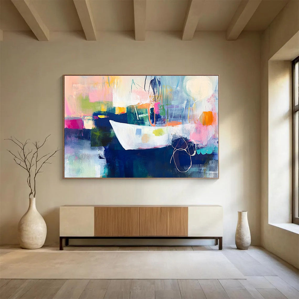 An abstract expressionist painting featuring vibrant colors and loose brushstrokes illustrating the journey of the first female sailor to England.SC306