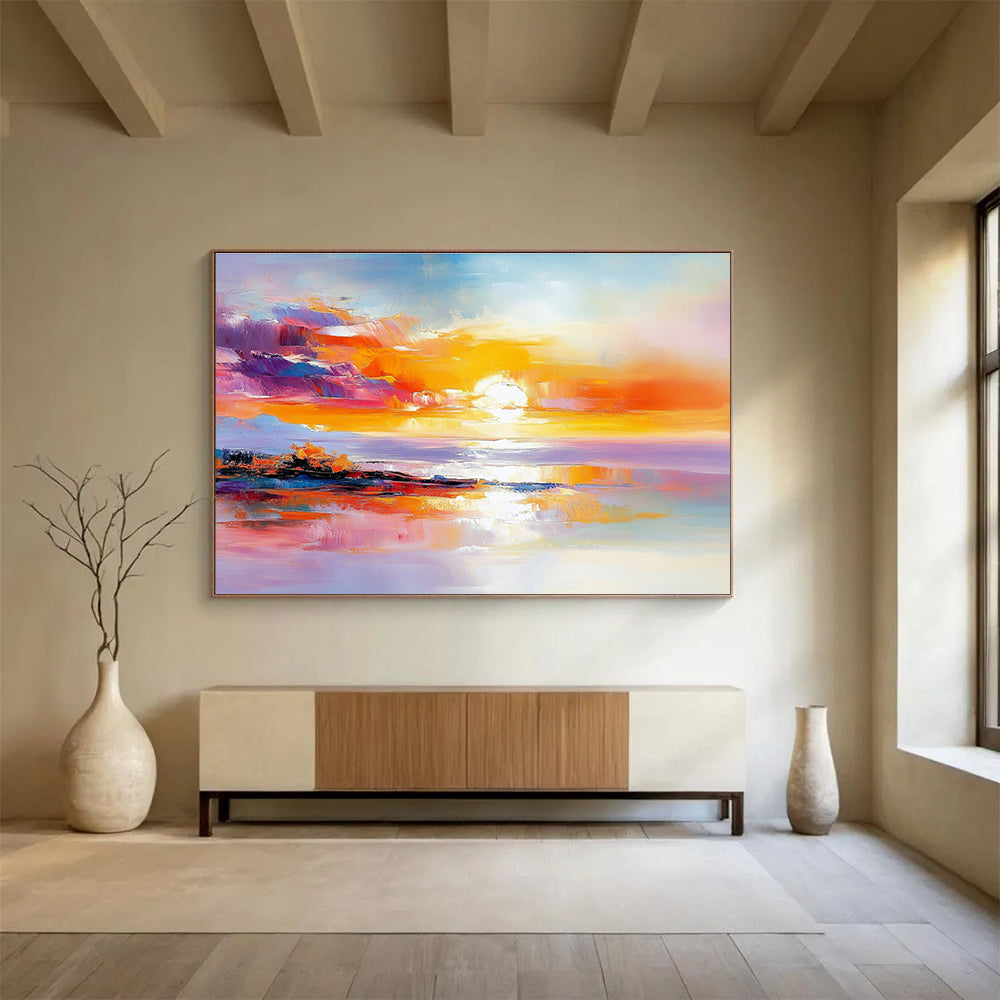 A large abstract painting featuring a stunning sunset with warm colors reflecting on water and a distant island, evoking tranquility and calmness.SC422