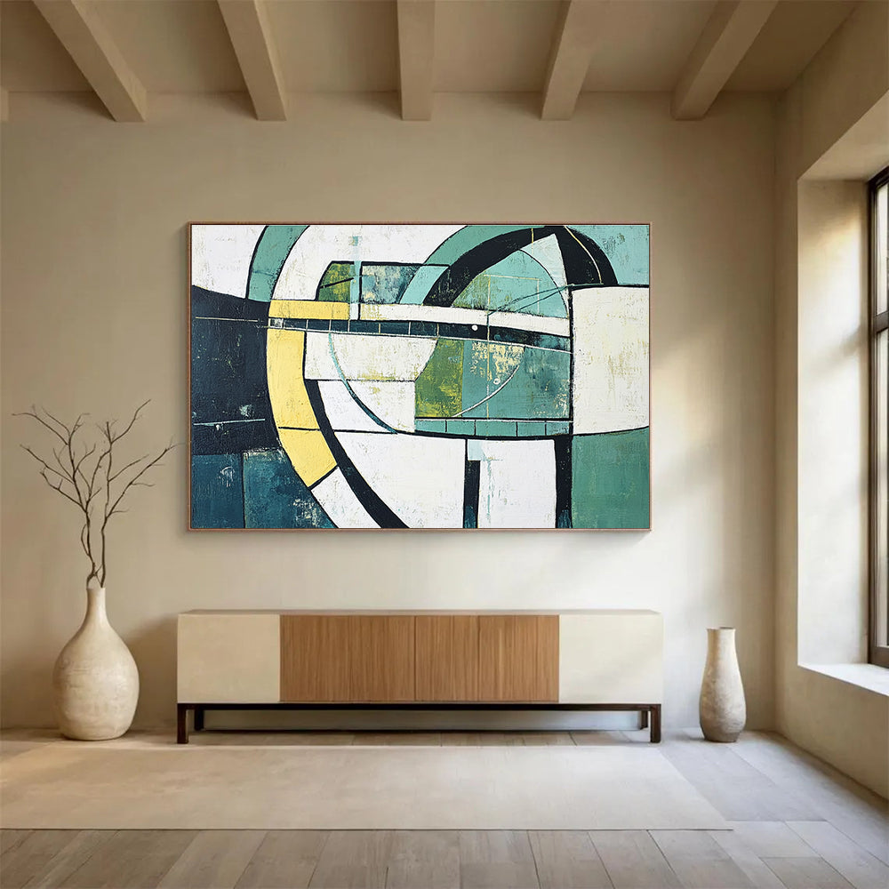 Geometric Green Abstract Painting with Circular and Rectangular Forms DYP411