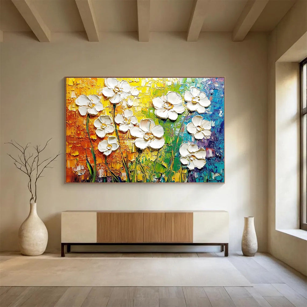 Vibrant abstract painting of white flowers on a textured canvas showcasing intricate details and celebrating the beauty of nature.SC271
