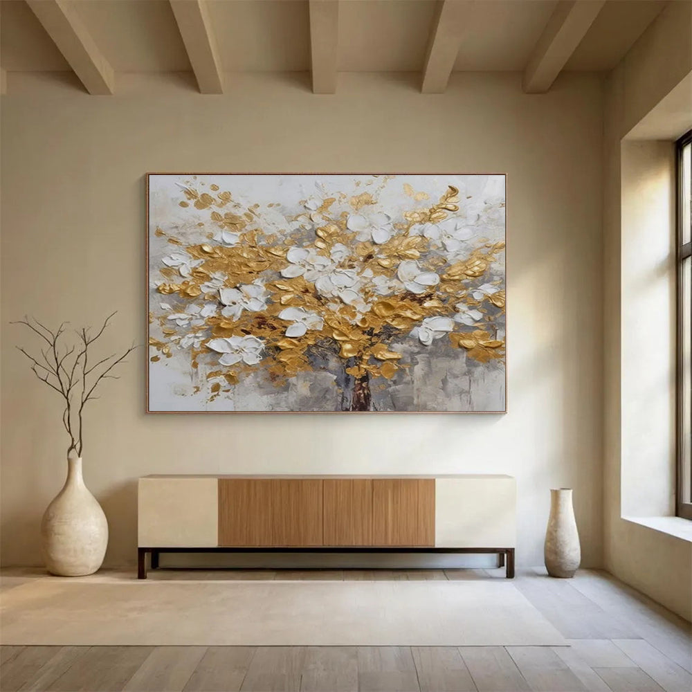 Gold and White Floral Abstract Painting with Textured Blossoms THY246
