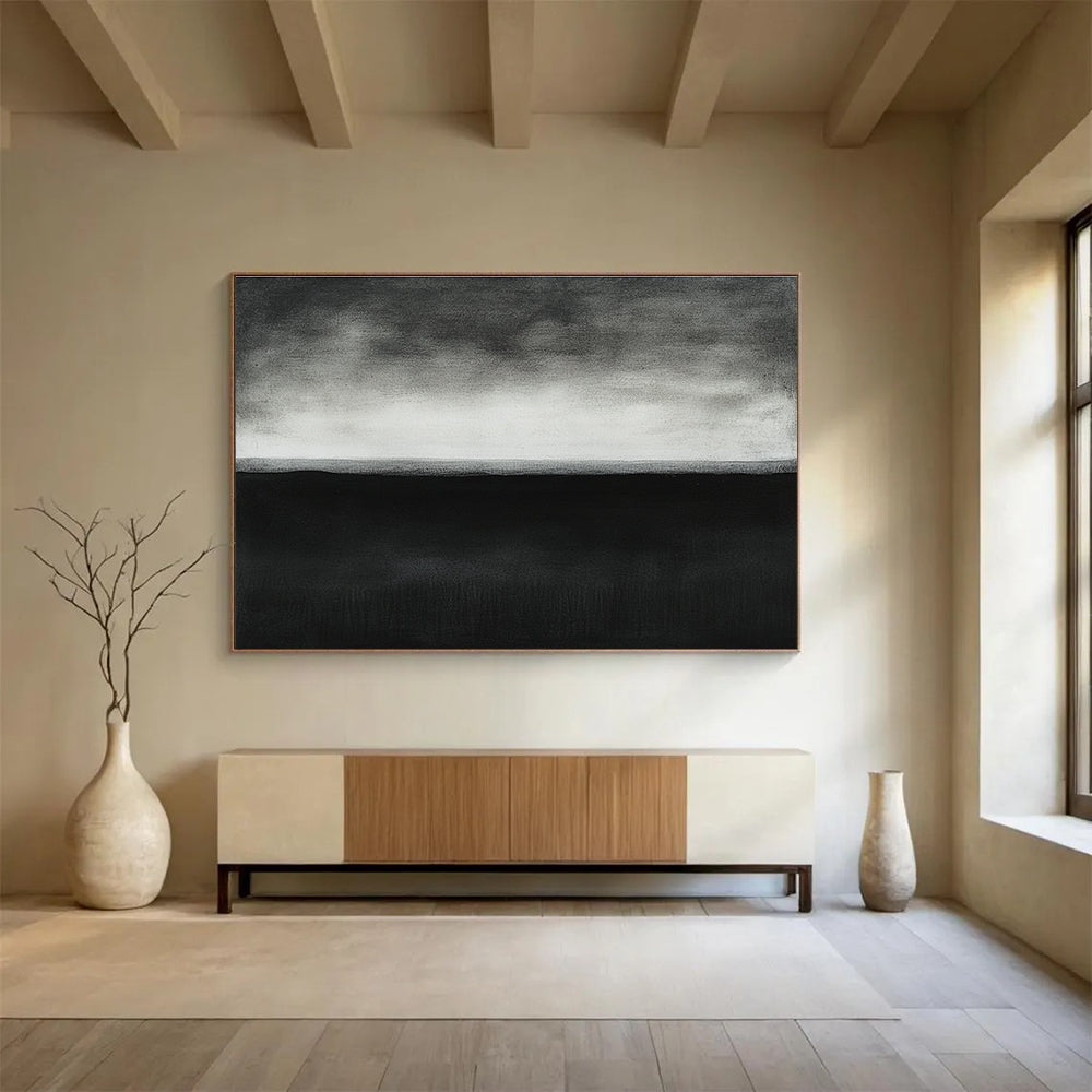 A large abstract painting featuring a dark gray horizon line with white accents, showcasing minimalism and serene elegance in high detail.SC500