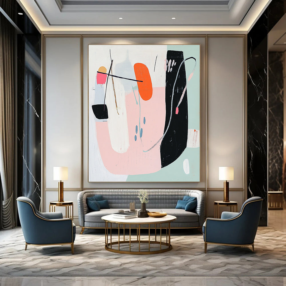 Abstract painting with bold geometric shapes in pastel pink white sage green orange and blue on a white background in mid-century modern style.STSC614
