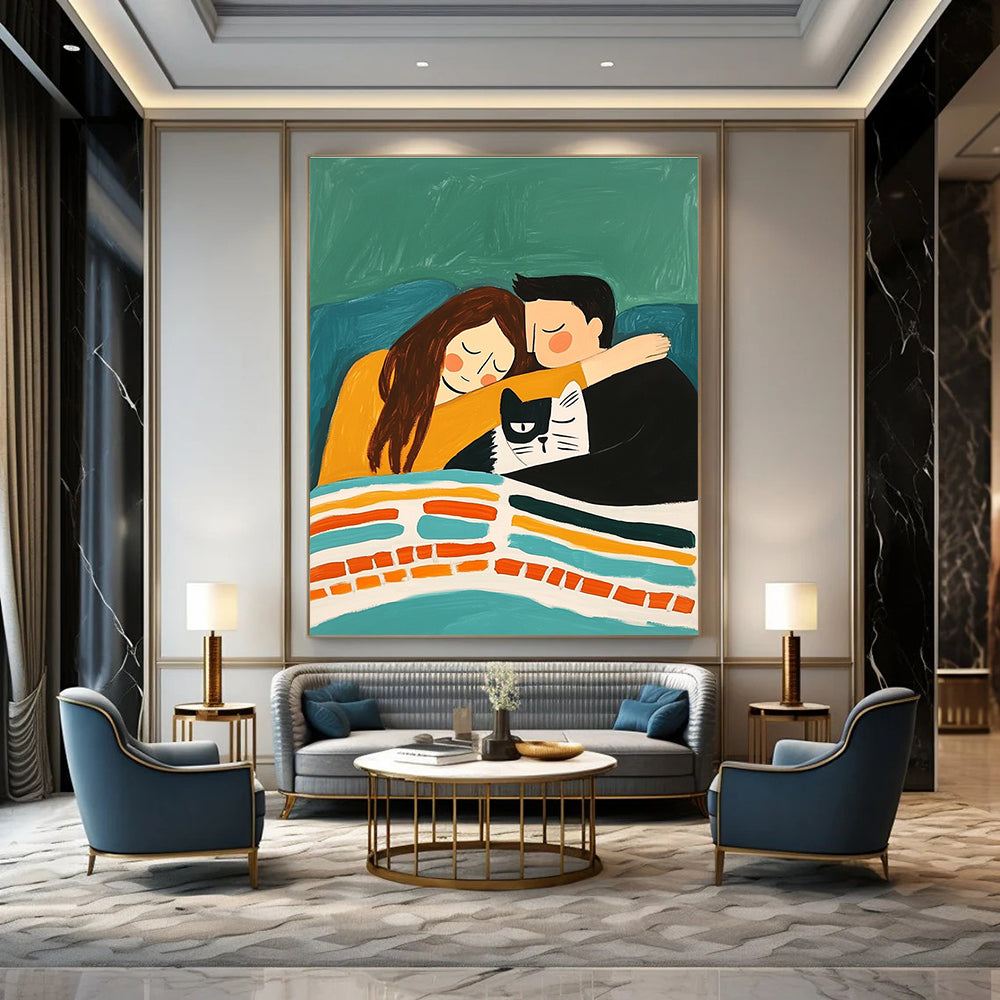 An abstract painting depicting a couple cuddling on a sofa with their cat under a colorful striped blanket against an emerald green background.STSC974