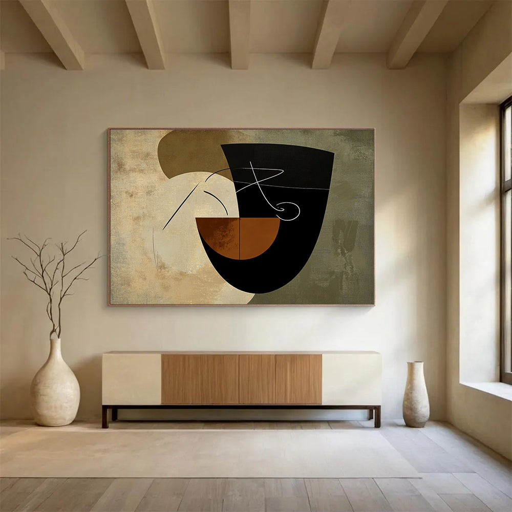 An abstract artwork featuring organic shapes in earthy tones with a stylized hand illustrating an 'S' on a textured bowl background.SC484