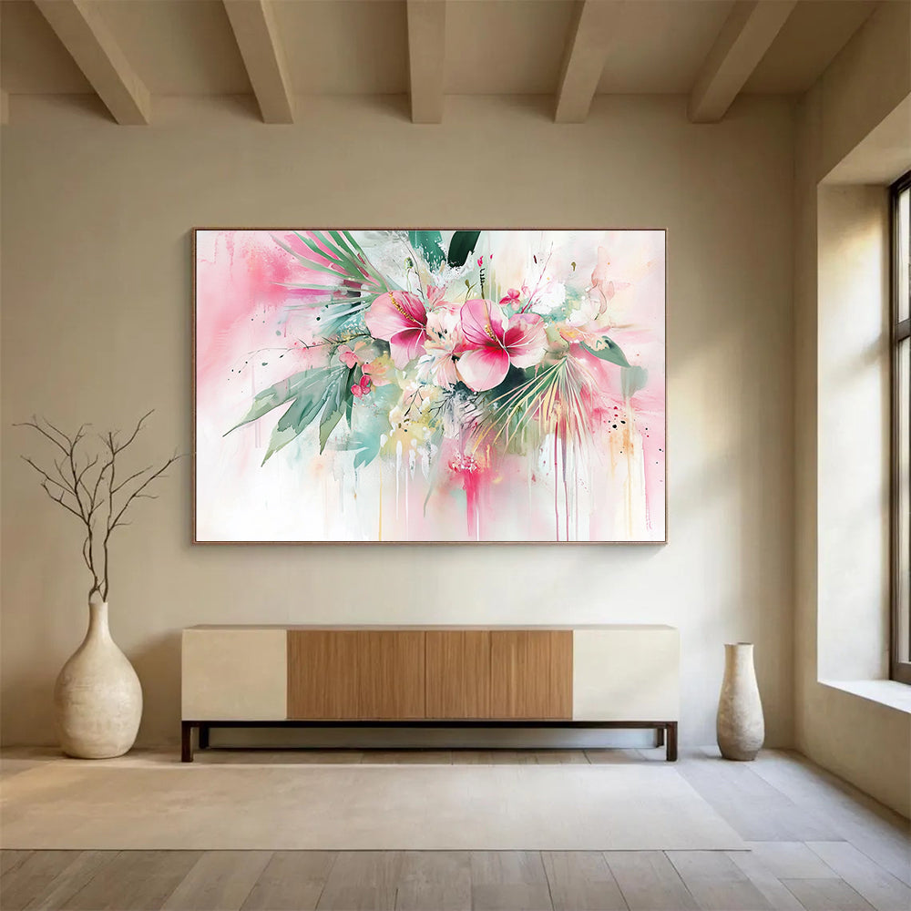 Pink Floral Abstract Painting with Watercolor Drips DYP449
