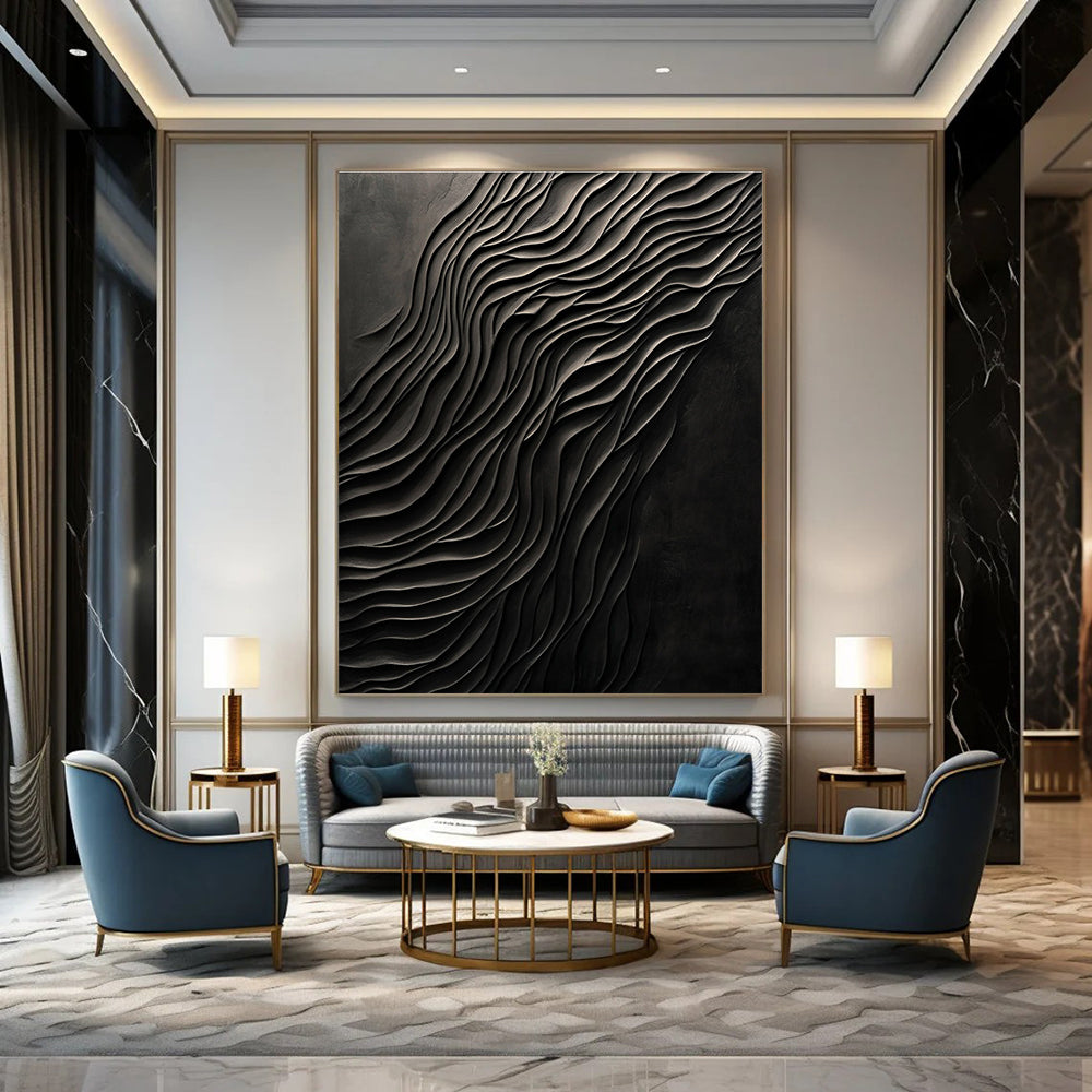 Large abstract art piece featuring dark carved wood with smooth forms and a monochromatic gray palette creating a mysterious atmosphere.STSC1289