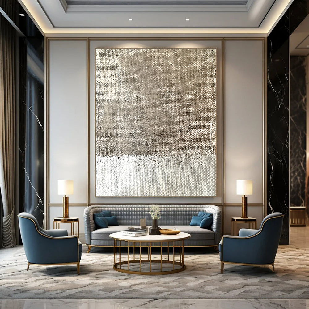 Abstract minimalist painting featuring an old wall with burlap fabric and tattered edges in muted beige and cream tones.STSC565