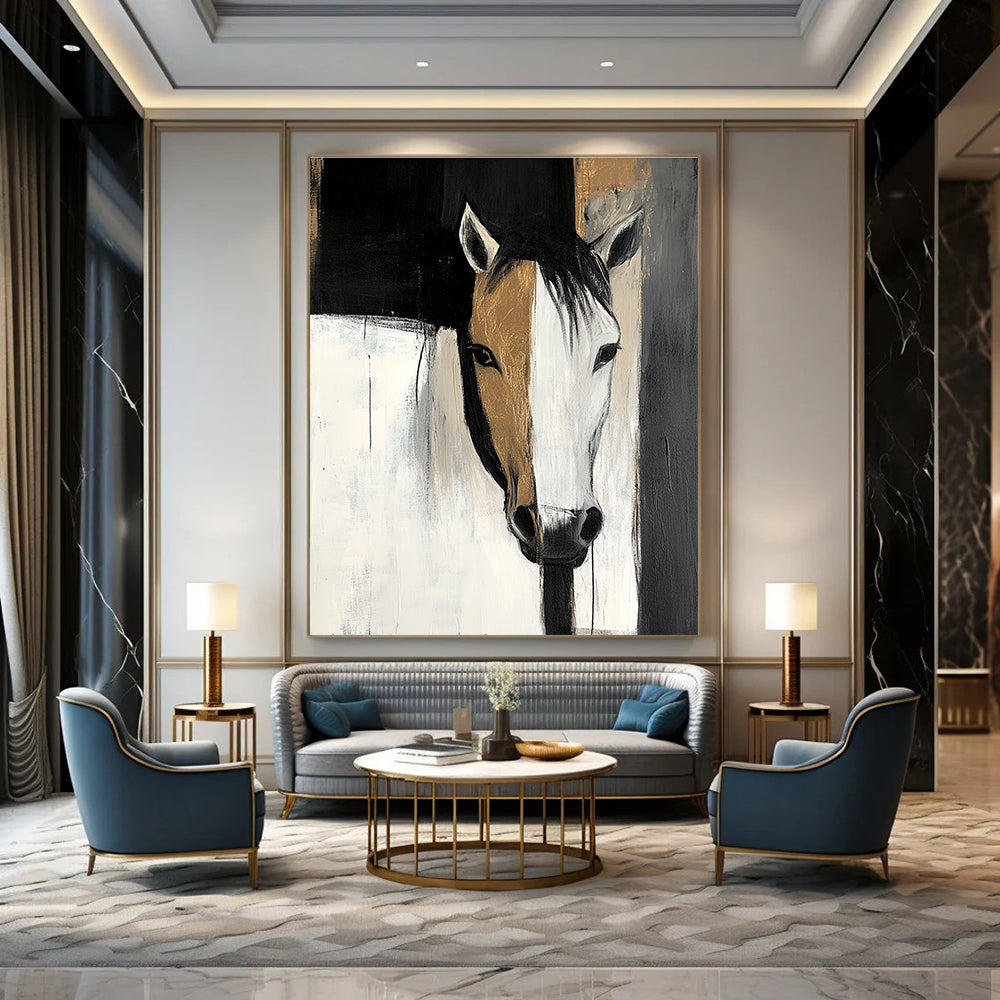 Large abstract painting featuring black and white shapes with gold highlights and a horse's head emerging from shadows conveying mystery and depth.STSC214