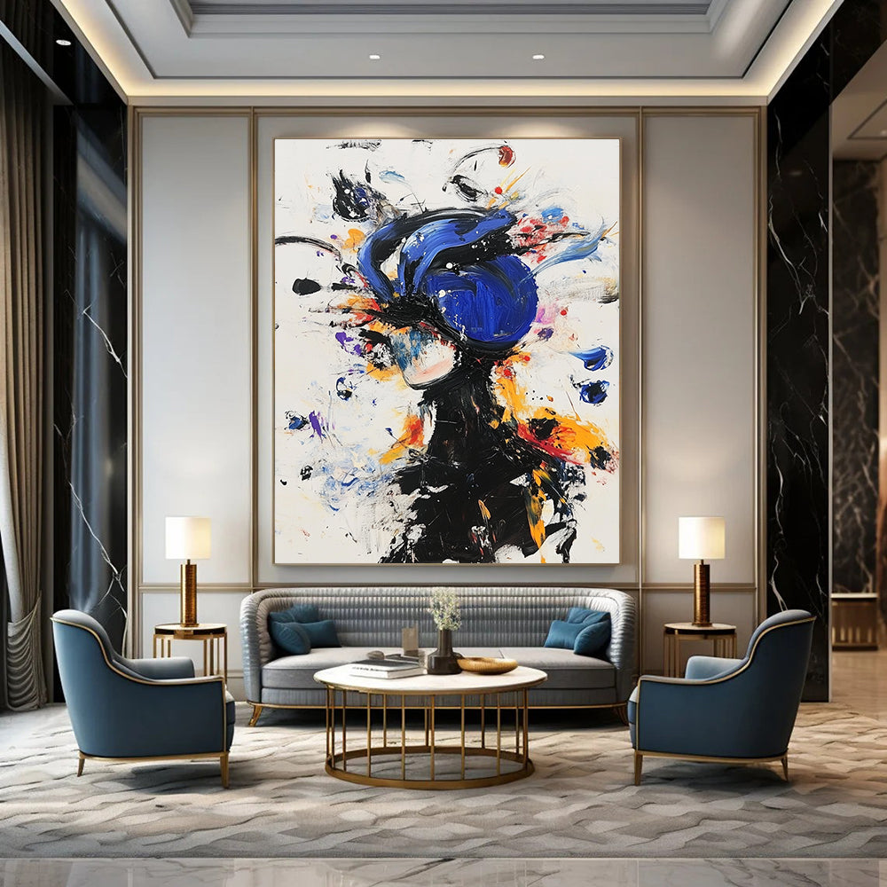 Large abstract painting featuring an anime character in a blue helmet and black outfit surrounded by colorful floating objects and expressive movements.STSC636