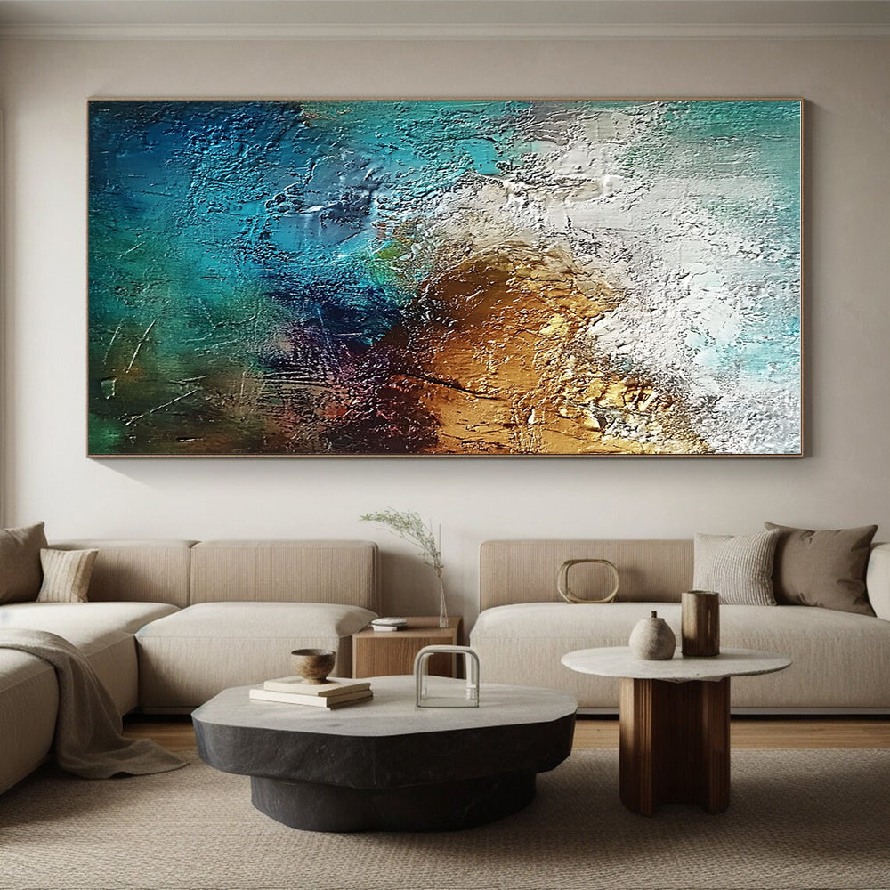 Teal Gold Abstract Painting with Thick Textures GER785