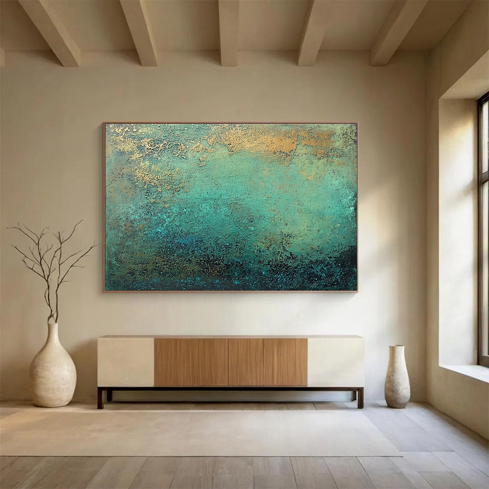 Green and Gold Textured Abstract Painting with Earthy Tones DYP590