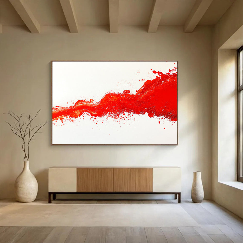 Large abstract painting featuring a vibrant crimson wave flowing across a white canvas with dynamic splashes capturing fluidity and energy.SC039