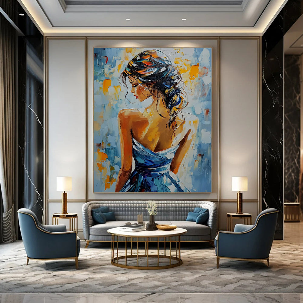 A large abstract painting featuring a woman in an elegant dress with vibrant colors and rich texture, capturing beauty and grace.STSC903