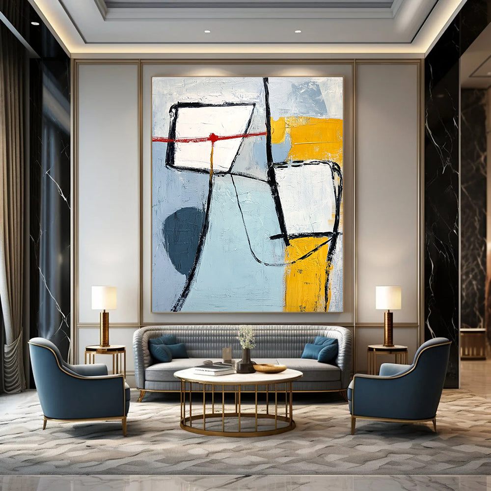 A large abstract painting with light blue gray and yellow shapes thick black lines and a prominent white square in the top-left corner.STSC613