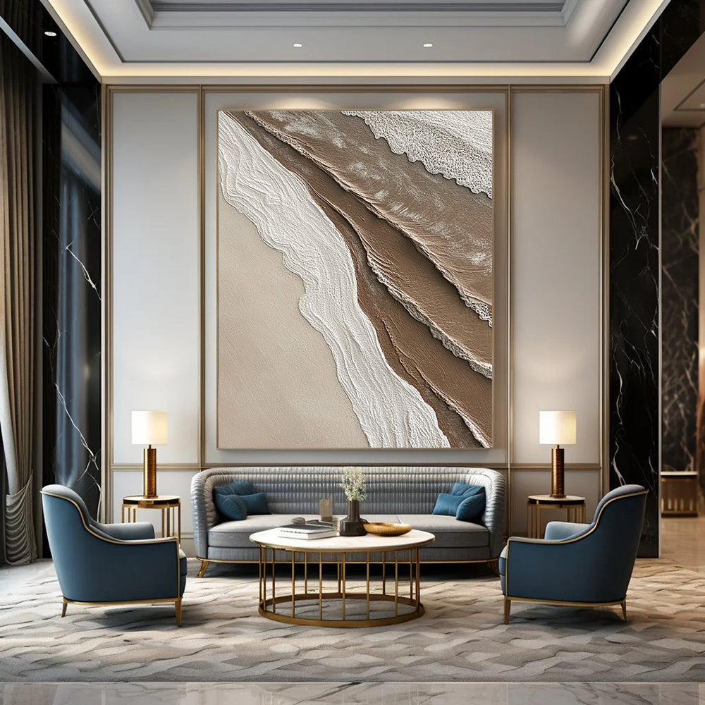 Abstract painting capturing textures where sand meets water in soft shades of brown beige white and grey ideal for enhancing any space.STSC951