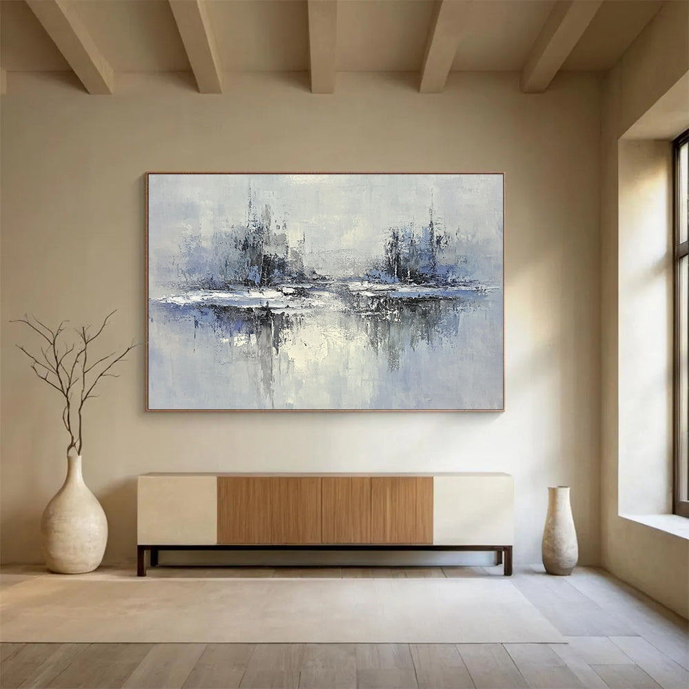 Blue and Gray Cityscape Reflection Abstract Painting with Subtle Textures DYP334