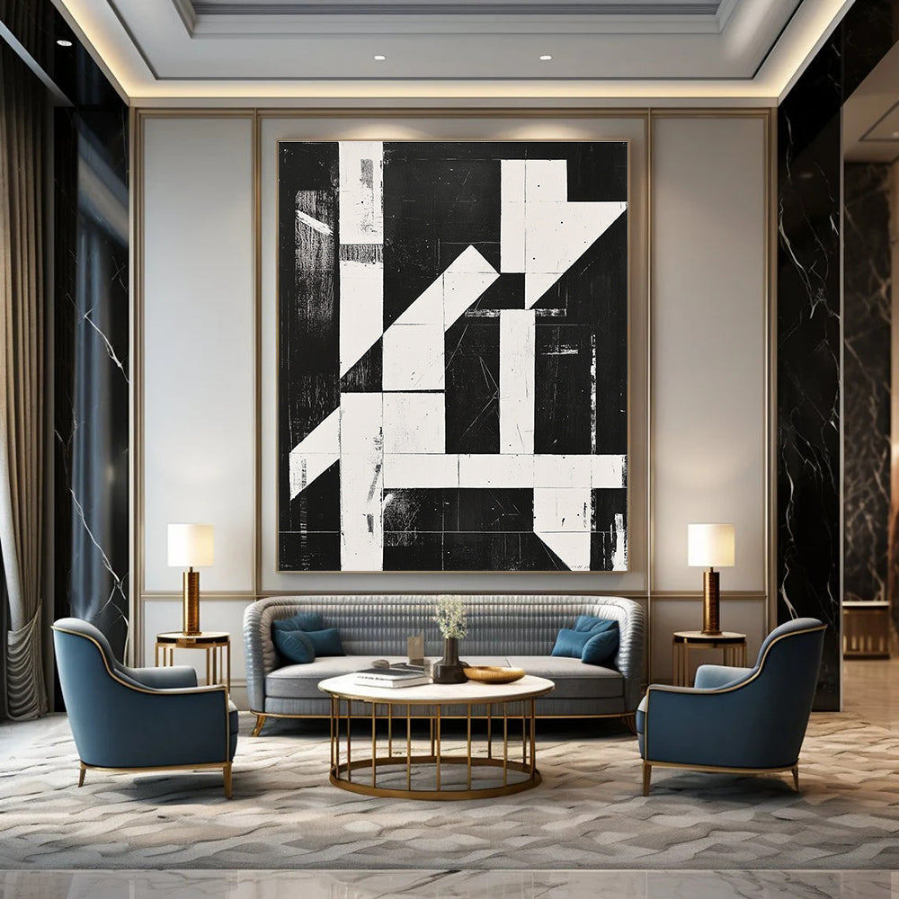 Large abstract painting with high contrast black and white lines and shapes featuring bold textured elements in a minimalist grid composition.STSC1279