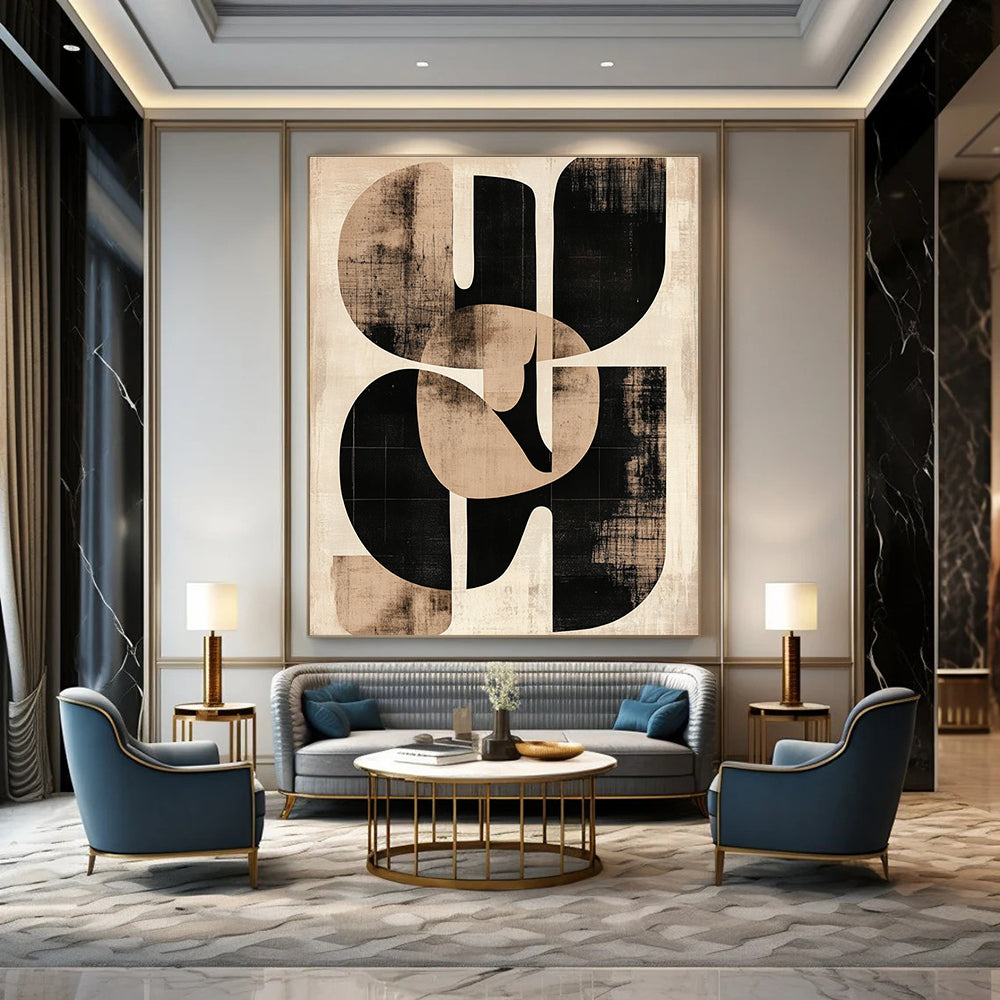 Large abstract artwork featuring beige and black shapes inspired by Paul Klee with sepia tones printed on aged paper showcasing the initials SG.STSC469