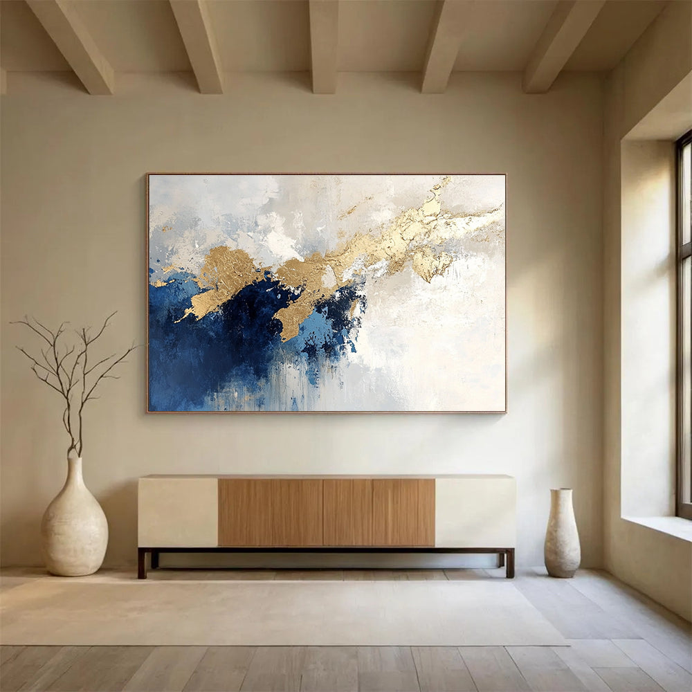 Blue and Gold Dripping Abstract Painting with Textured Layers DYP184